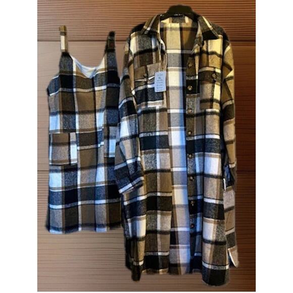 NICE Fall Shacket & Dress Combo – Size XL, Black / Brown / Ivory Plaid, NWT - Picture 1 of 15